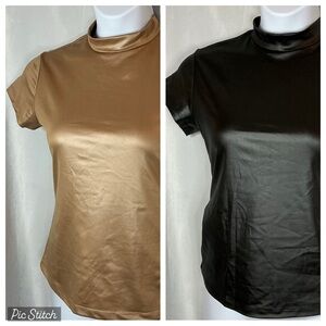 Chic Satin Women's Tops - Tan and Black